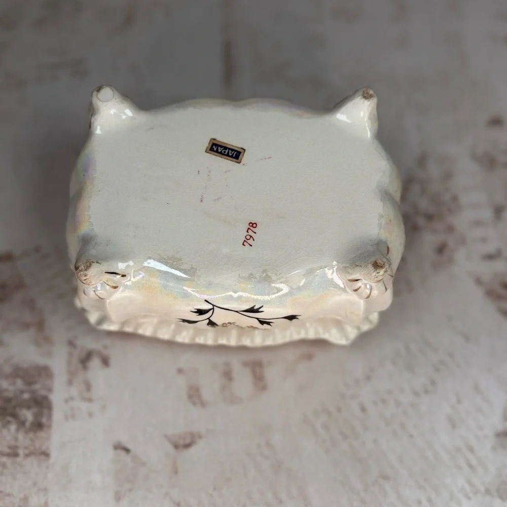 Vintage Japanese Hand-Painted Porcelain Trinket Box Floral Iridescent